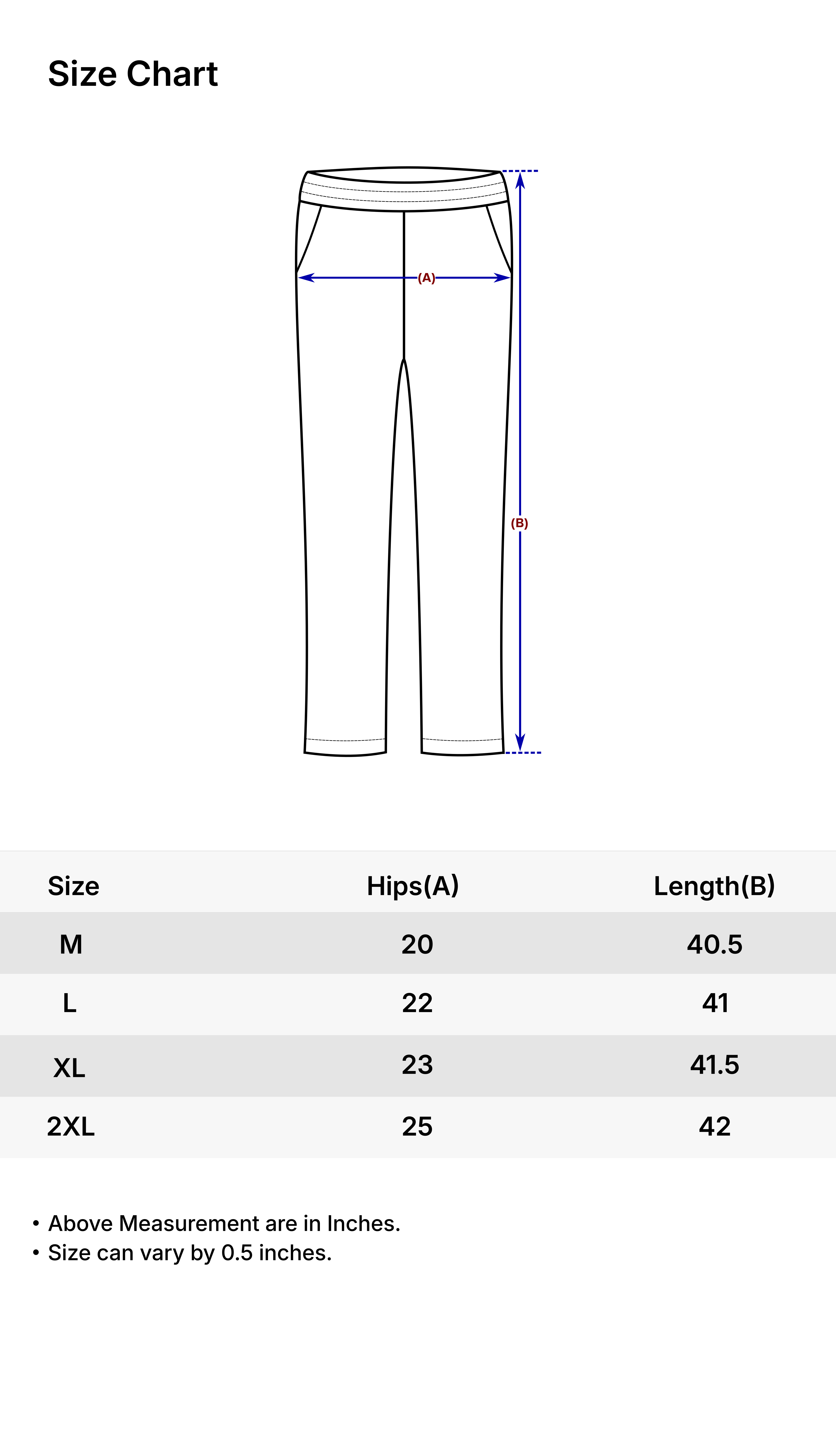 Straight Lower size chart