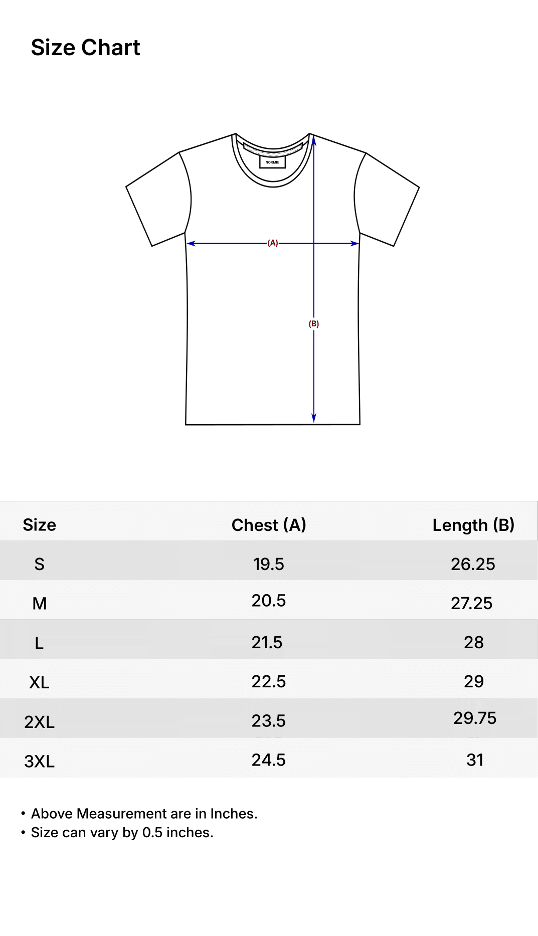 Original Crew size chart
